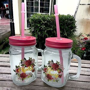 Let’s Party, Cheers Set l Glass Mason Jar, Handle l Pink Straw, Lid l New